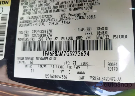 2016 Ford Mustang V6 из США, поврежденный, VIN 1FA6P8AM7G5273624